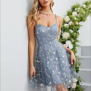 SHEIN blue floral embroidered mesh cross tie back sleeveless cami mini dress
